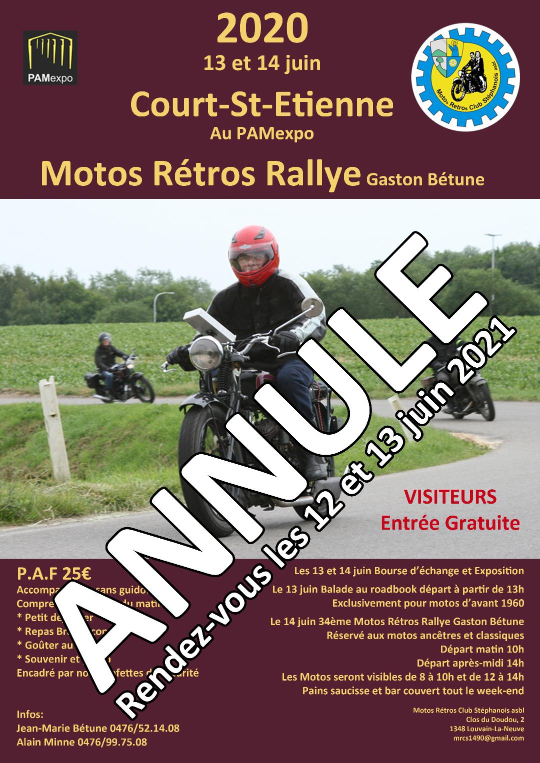 Affiche du "Motos Rétros Rallye Gaston Béthune" surchargée de la mention "Annulé, rendez-vous les 12 et 13 juin 2021